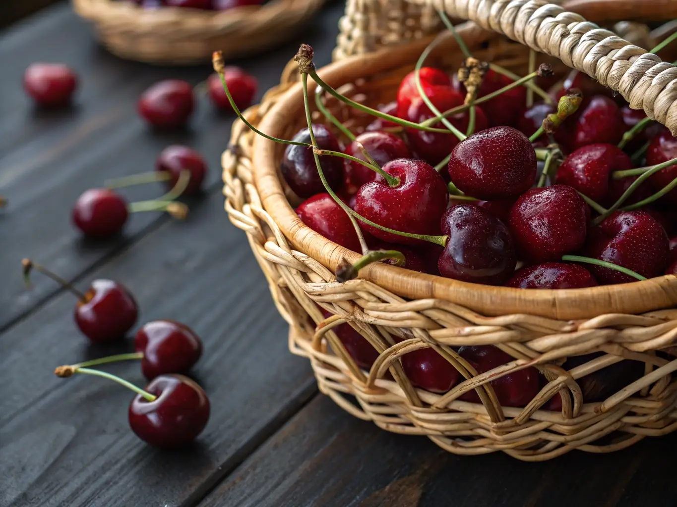 A high-definition image showcasing Naughty Orchards' sorted cherries, glistening with freshness, arranged in neat rows within a modern, clean packaging facility. The lighting emphasizes the vibrant colors and quality of the fruit.