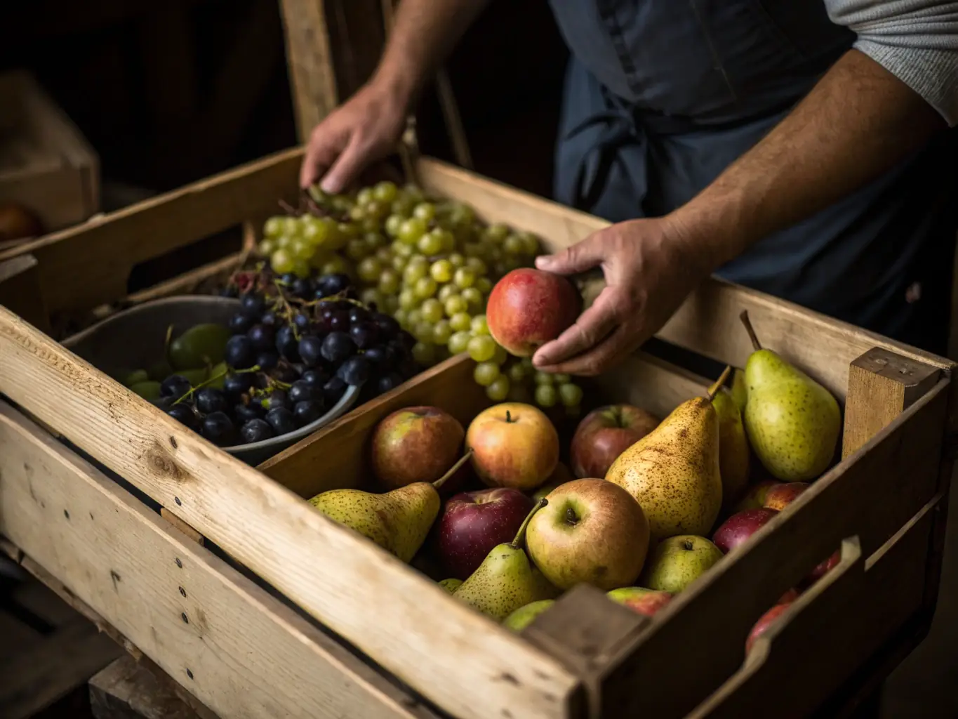 A photograph capturing the Naughty Orchards packaging line in action, with workers carefully placing sorted fruits into export-ready containers. The image highlights the precision and care taken in the packaging process.