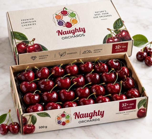Naughty Orchards premium Armenian cherries in a branded 500 g box