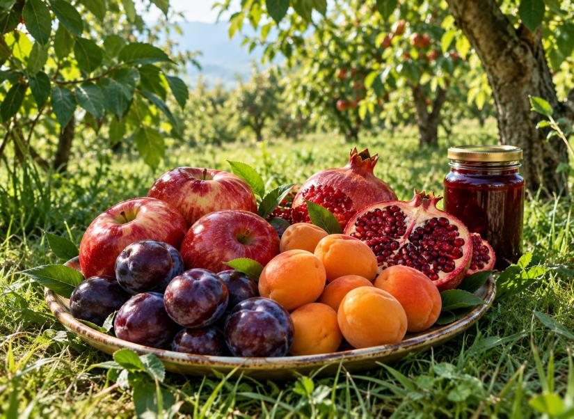 Basket of apples, plums, apricots and pomegranates from Naughty Orchards